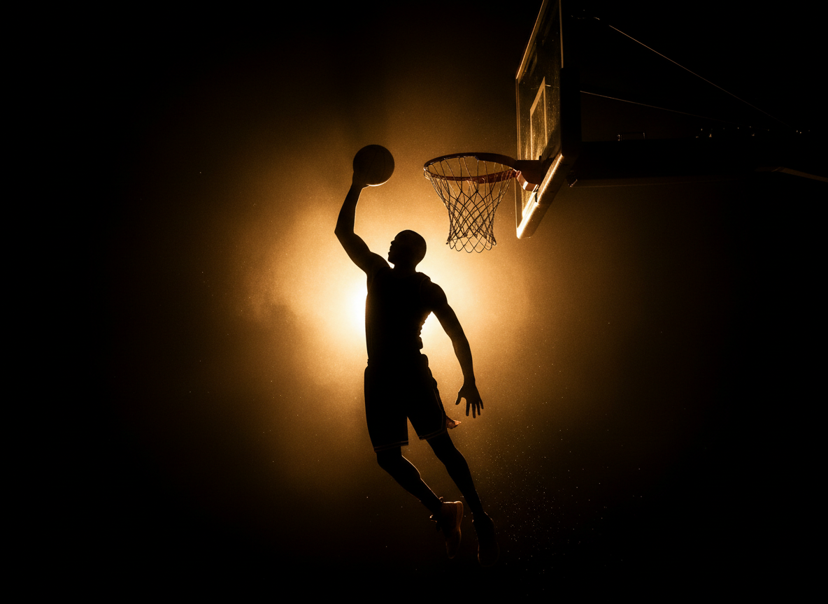 Dynamic action shot silhouette of a basketball player mid dunk against dark dramatic backdrop with amber light