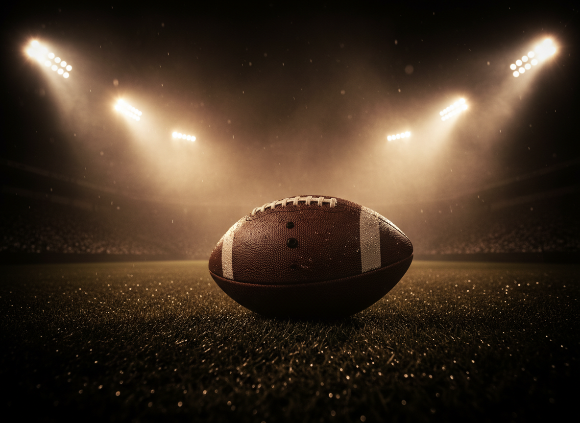 American football on a dark stadium field with dramatic floodlight and haze, moody cinematic sports photography