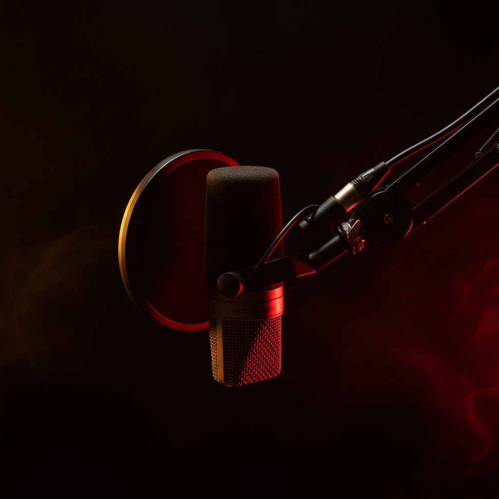Close-up of a professional podcast microphone in a dark studio, dramatic red and amber rim lighting, deep black background, moody atmospheric sports talk radio vibe